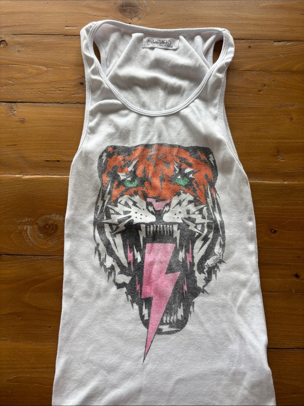 Lauren Moshi White Tank Top with Tiger Graphic and Pink Lightning